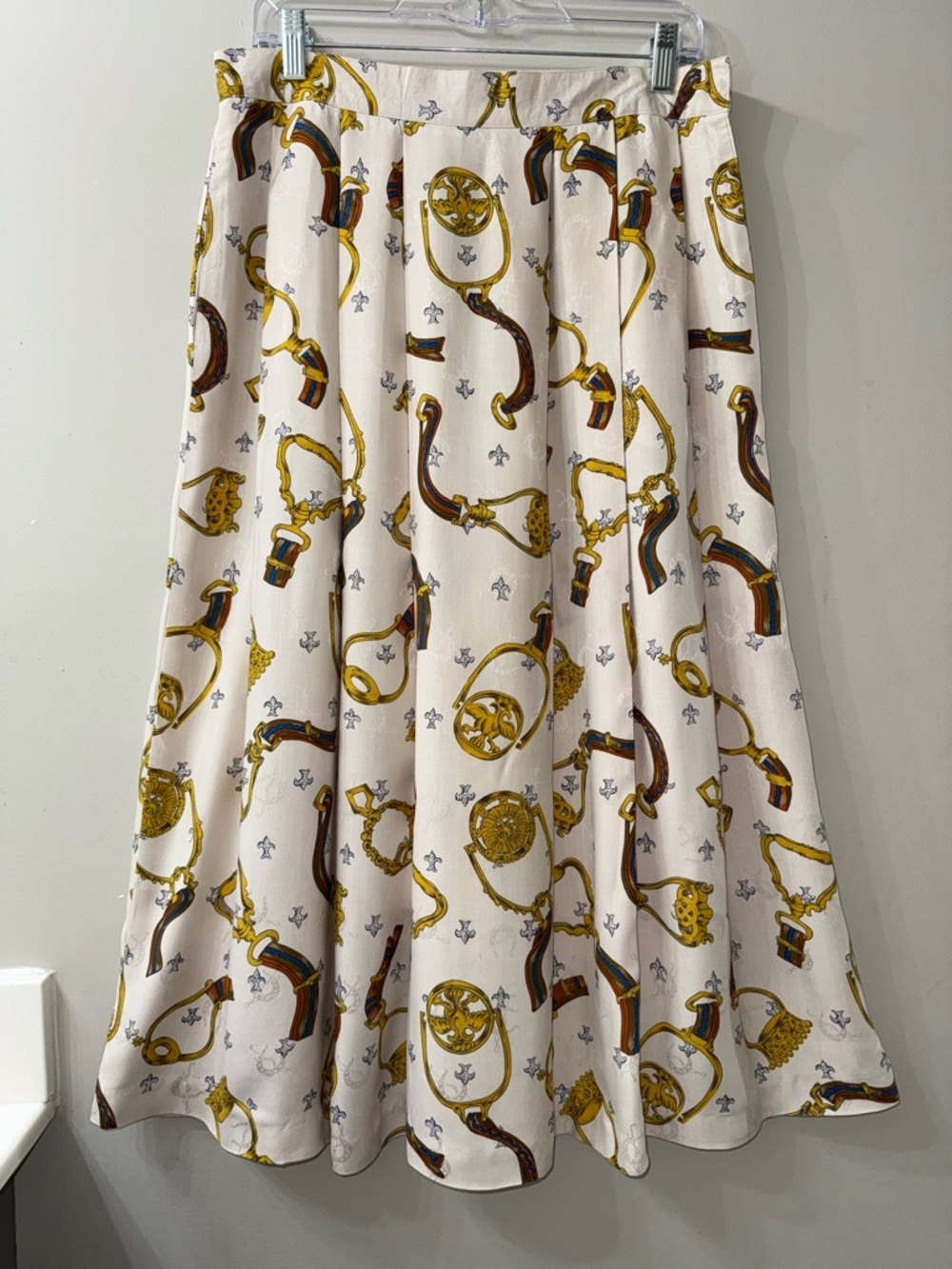 Vintage Equestrian Chain Print Pleated Midi Skirt Sz 16 Old Money Preppy Chic - Picture 4 of 14